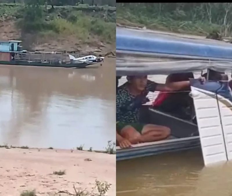 Avião que fez pouso de emergência é transportado em rio no interior do Acre; VÍDEO