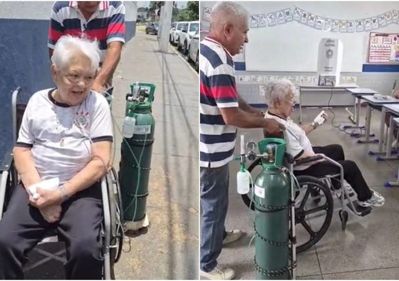 Bisavó de 83 anos faz questão de votar mesmo após balão de oxigênio apresentar problema durante trajeto até seção eleitoral; vídeo