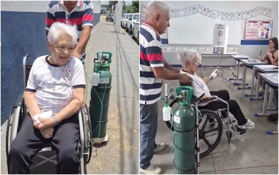 Bisavó de 83 anos faz questão de votar mesmo após balão de oxigênio apresentar problema durante trajeto até seção eleitoral; vídeo