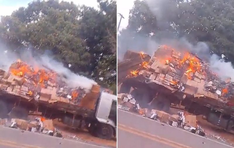Caminhão pega fogo na BR-222 em Santa Inês; carga é destruída