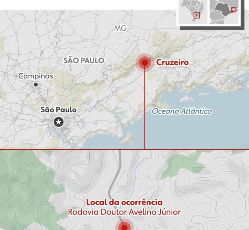Carreta tomba e cai em ribanceira na SP-52, em Cruzeiro