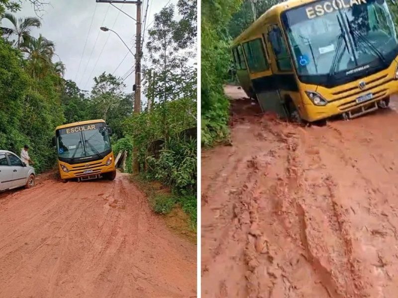 Chuvas: ônibus escolar com alunos e monitora atola em estrada de Ubatuba, no Litoral Norte de SP