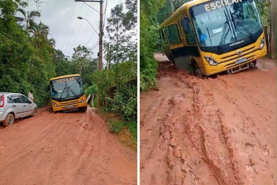 Chuvas: ônibus escolar com alunos e monitora atola em estrada de Ubatuba, no Litoral Norte de SP