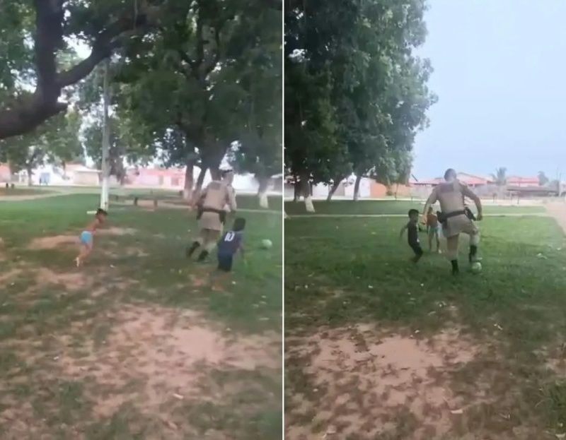 Comandante da PM joga futebol com crianças durante patrulhamento no TO; VÍDEO