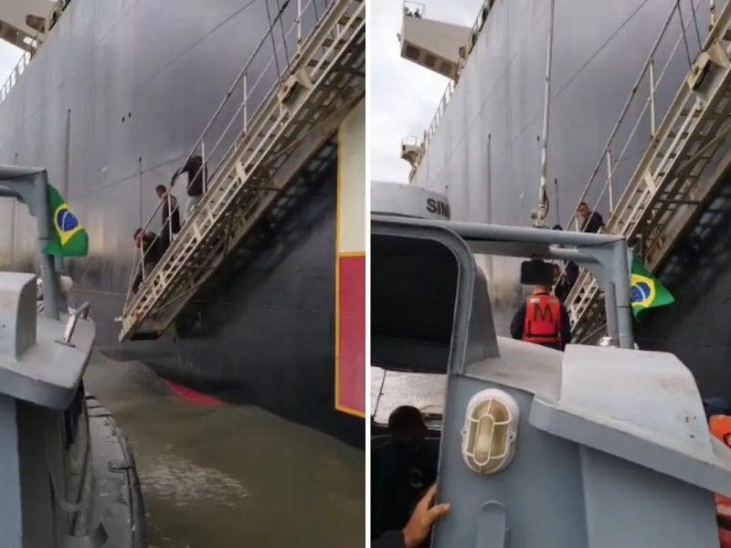 Embarcação naufraga e tripulantes são resgatados por navio mercante no litoral de SP; VÍDEO