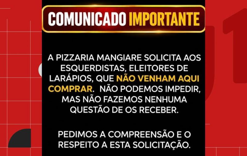 MP abre procedimento para investigar pizzaria que pediu para clientes de esquerda não frequentarem local, em João Pessoa