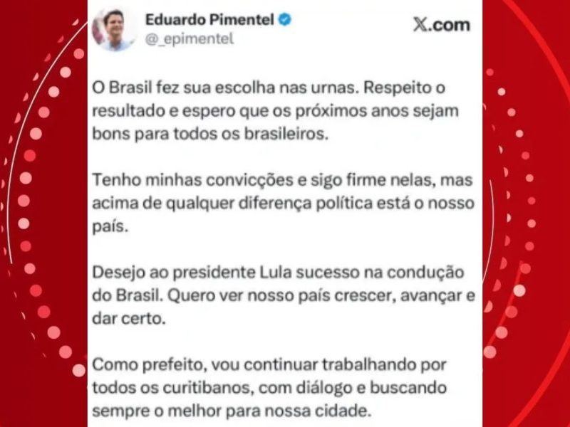 Eduardo Pimentel comenta vitória de Lula e ressalta respeito