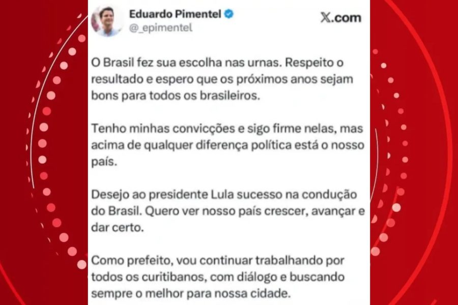 Prefeito de Curitiba, Eduardo Pimentel, se manifesta sobre vitória de Lula: 'O Brasil fez sua escolha nas urnas'
