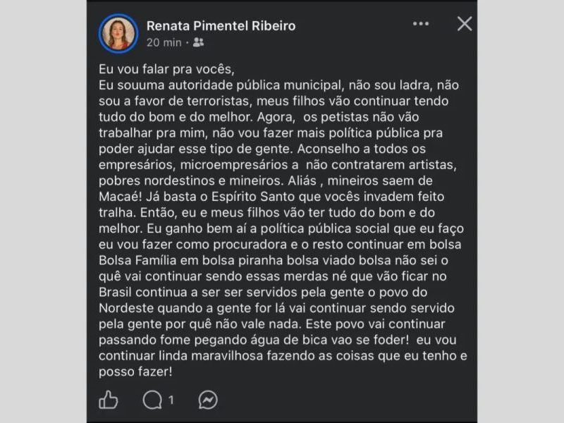 Procuradora de Macaé ataca petistas em post e sugere que empresas não contratem ‘artistas, pobres nordestinos e mineiros’; polícia instaura inquérito