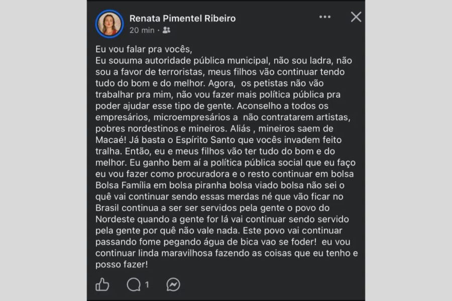 Procuradora de Macaé ataca petistas em post e sugere que empresas não contratem 'artistas, pobres nordestinos e mineiros'; polícia instaura inquérito